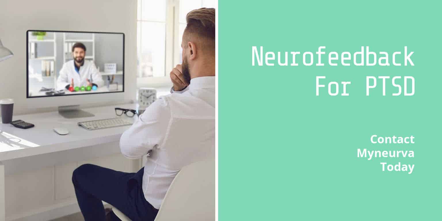 Image of remote doctor on a computer and the title Neurofeedback For PTSD